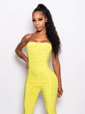 Strapless Ruched Jumpsuit - Neon Yellow